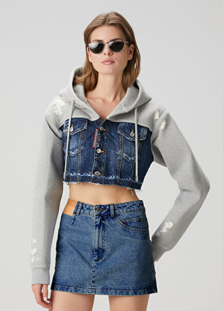 Gri Kapüşonlu Crop Denim Ceket