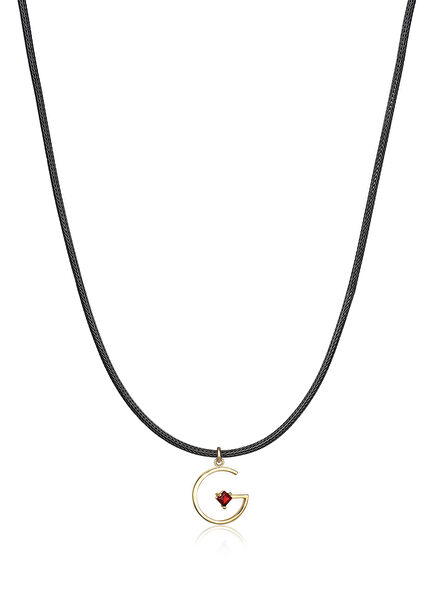Garnet Stone Detailed Letter G 14 Carat Women's Gold Necklace