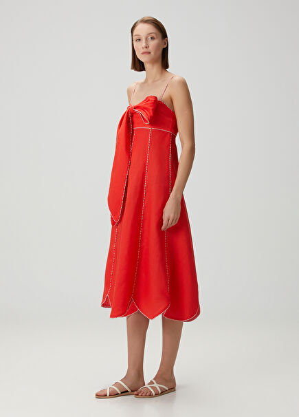 Red Bow Midi Linen Dress