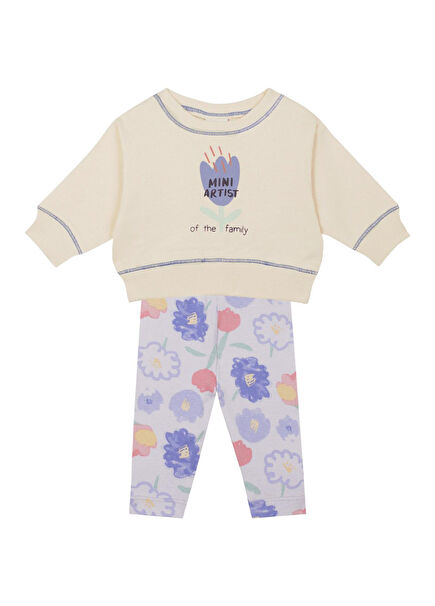 Çiçek Basklı Sweatshirt & Tayt Kız Bebek 2'li Set