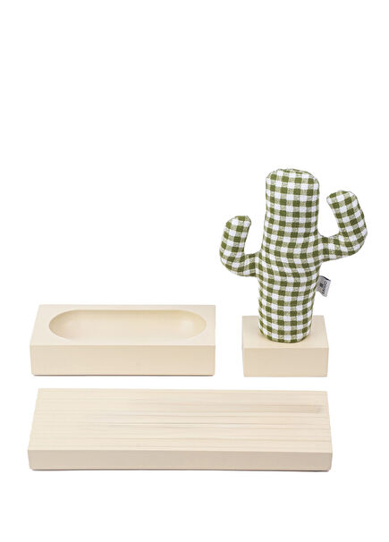Woody Cream Gingham Cactus 3-Piece Desktop Organizer