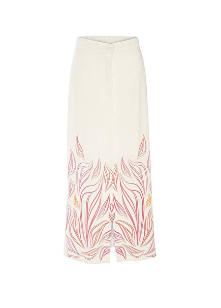 Lobelia Beyaz Uzun Yırtmaçlı Tasarım Baskılı Kadın Etek