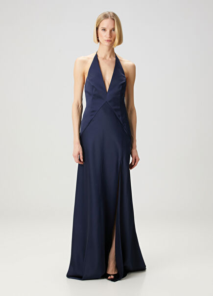 Navy Blue Maxi Satin Evening Dress