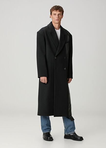 x Edis Siyah Saten Şerit Detaylı Yün Kruvaze Palto