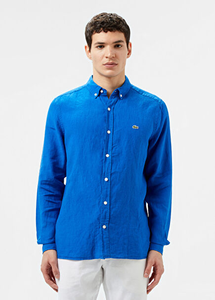 Mavi Keten Düğmeli Yaka Regular Fit Uzun Kollu Erkek Gömlek