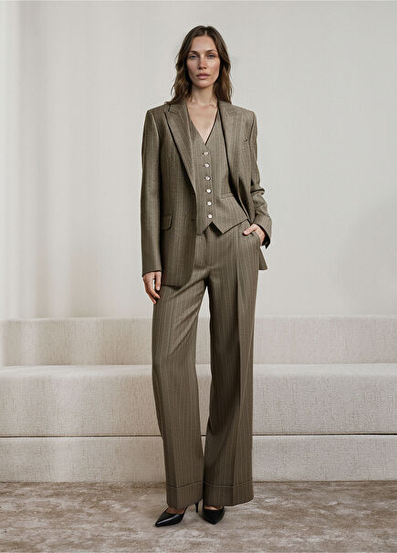 Vizon Simli Çizgili Yün Ceket