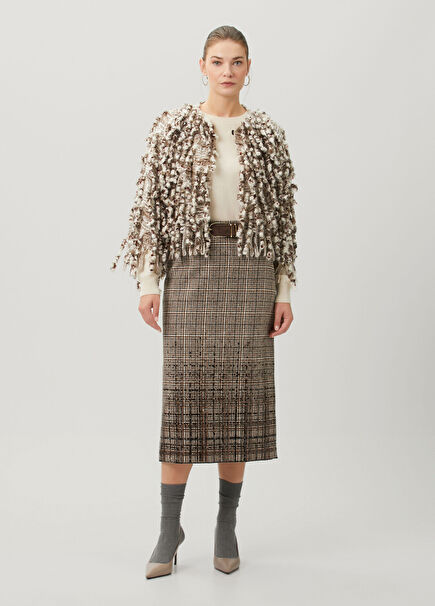 Brown Plaid Sequined Midi Wool Skirt