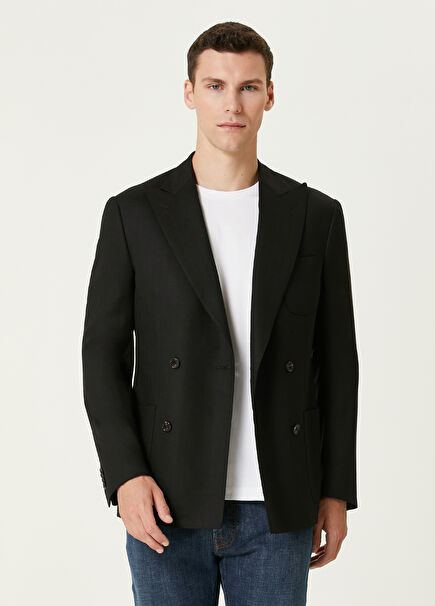 Siyah Kruvaze Yün Stretch Ceket