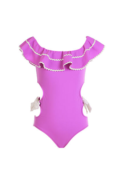 Purple Ruffled Boat Neck Cut-Out Bow Detailed Girls' Swimsuit
