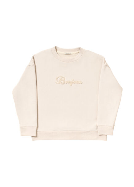 Krem Nakışlı Kız Çocuk Sweatshirt