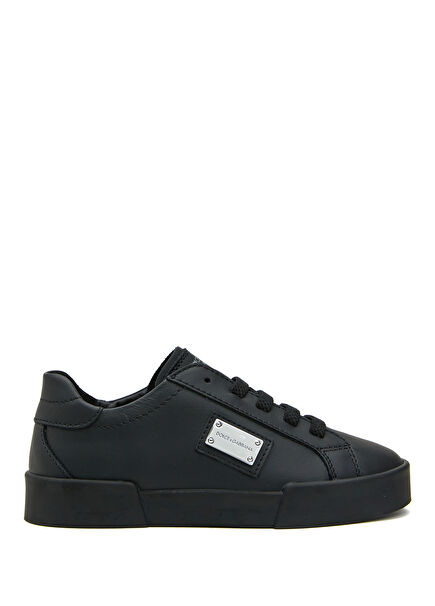 Siyah Logolu Erkek Çocuk Deri Sneaker