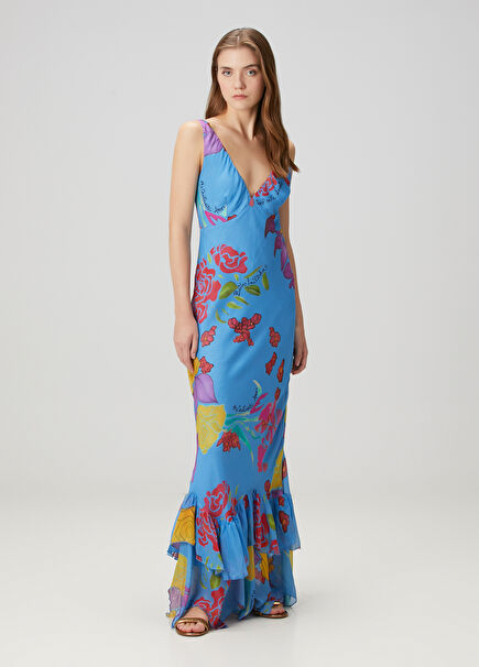 Cielo Mavi Çiçekli Maksi Abiye Elbise