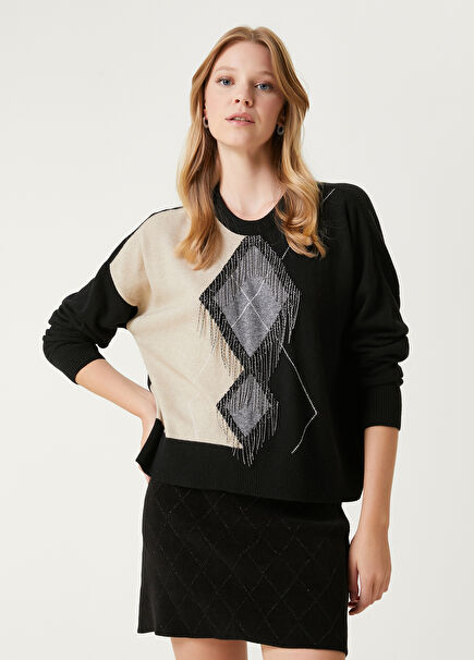 Black Tassel Chain Detailed Wool Sweater