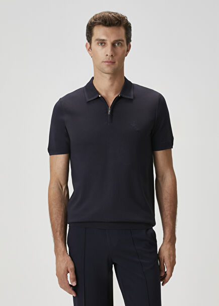 Navy Blue Short Sleeve Polo Sweater