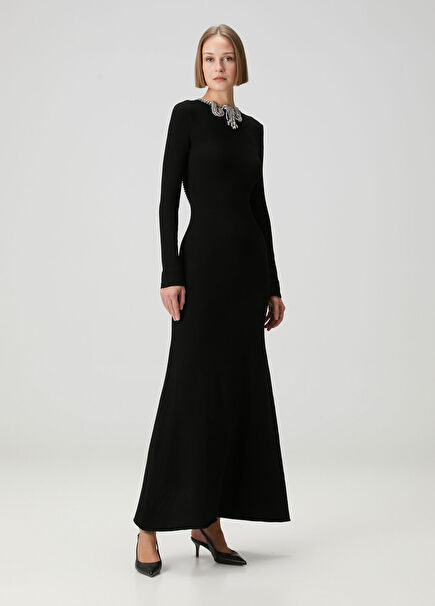 Black Embellished Maxi Evening Dress