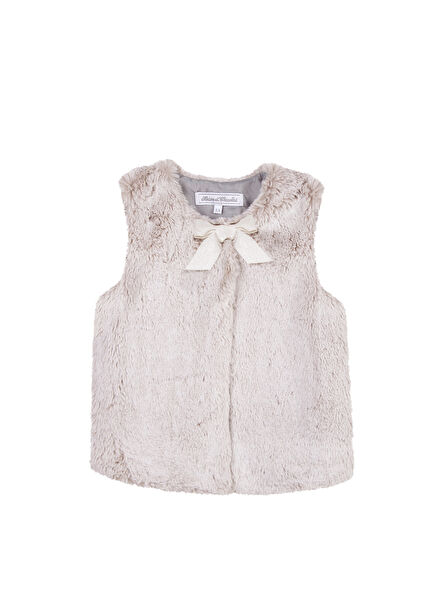 Gri Kürk Görünümlü Fiyonk Detaylı Kız Çocuk Peluş Yelek 