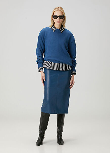 Koyu Mavi Midi Deri Etek