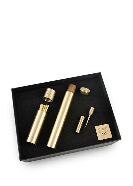 Box Brazen Brass Cigar Case with Match Holder and Cigar Needle Gift Set
