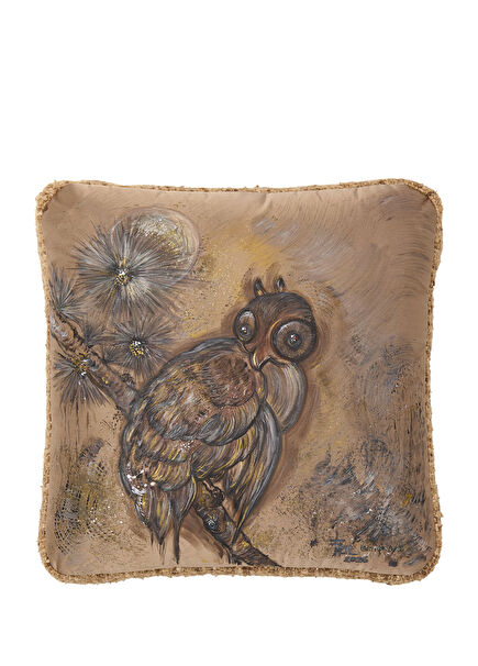 Limited Edition Baykuş Desenli Kahverengi İpek Kırlent 50 x 50 cm