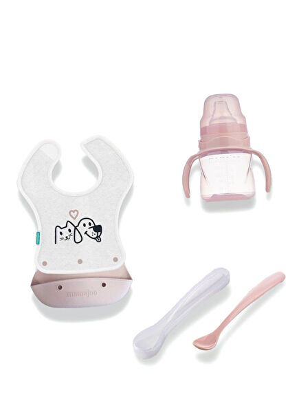 Powder Pink Silikon Kaşık & Alıştırma Bardağı ve Mama Önlüğü Bebek Beslenme Seti 