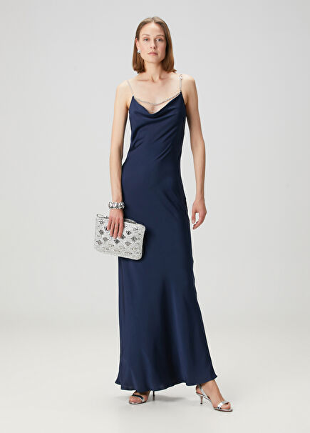 Navy Blue Chain Detailed Maxi Evening Dress