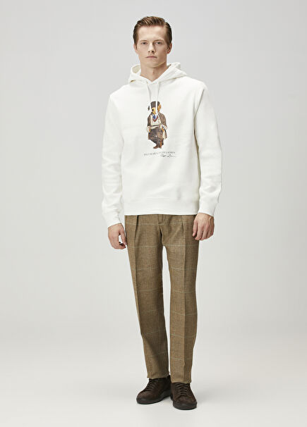 Beyaz Kapüşonlu Logo Baskılı Sweatshirt