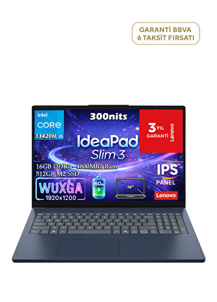 Ideapad Slim 3 16IRH10 Intel Core i5-13420H 16GB RAM 512GB SSD 16" WUXGA IPS Panel Freedos Laptop 83K20009TR