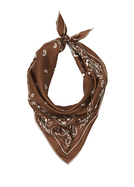 Kahverengi Şal Desenli İpek Eşarp