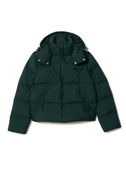 Relaxed Fit Women's Puffer Coat with Dark Green Hood