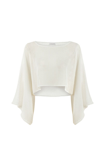 Carmen White Fishnet Boat Neck Long Sleeve Women's Crop Blouse