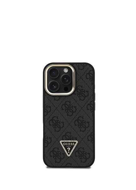 iPhone 16 Pro Siyah Deri Taşlı Üçgen Logo 4G Desenli Kamera Standlı Telefon Kılıfı