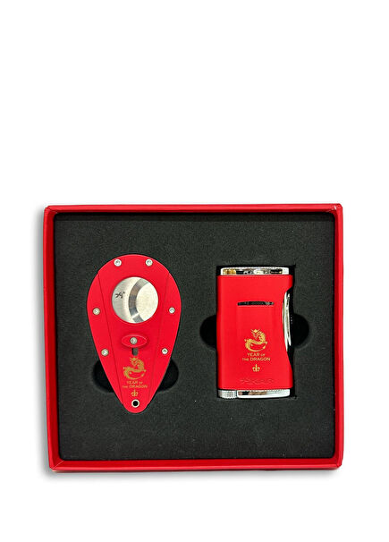 Year Of The Dragon Limited Kırmızı Puro Çakmağı ve Kesici Seti