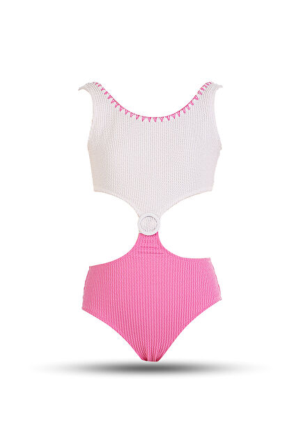 Strap Textured Fabric Cut-Out Embroidered Girls Swimsuit