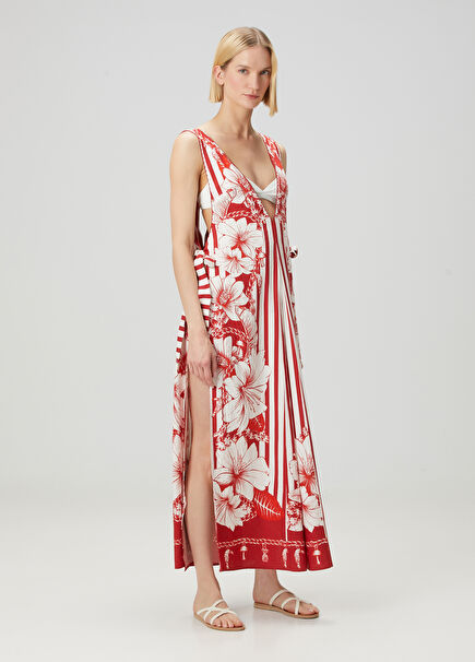 Red Floral Maxi Linen Beach Dress