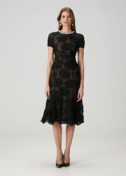 Siyah Taşlı Midi Kokteyl Elbise