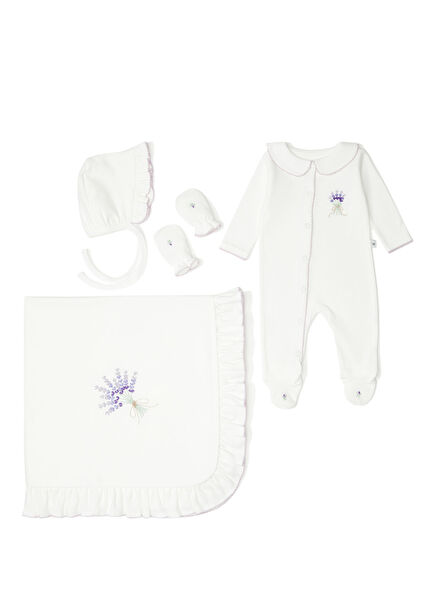 Lila Lavanta Nakışlı 4 Parça Yenidoğan Seti