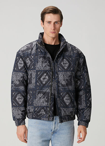 Black Ethnic Patterned Bomber Coat