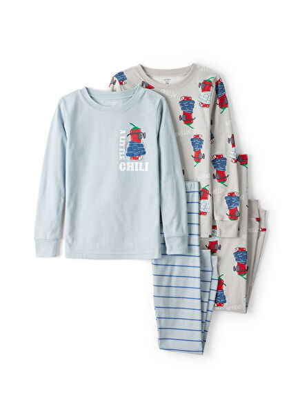 Mavi Uzun Kollu Pamuklu Erkek Çocuk 3'lü Pijama Seti