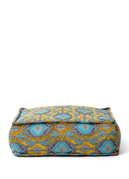 Turquoise Ethnic Patterned Ikat Fabric Square Pouf