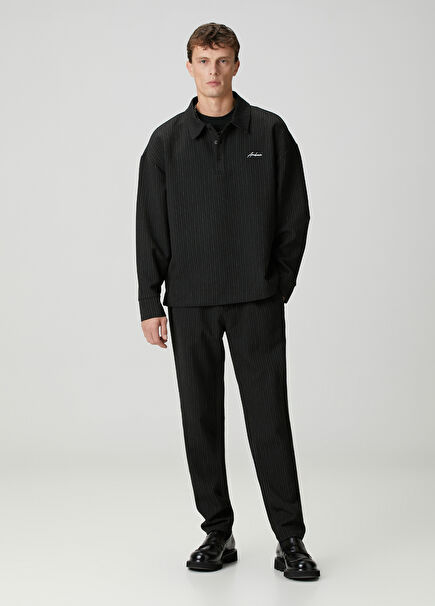 Siyah Beli Kordonlu Çizgili Palermo Yün Pantolon