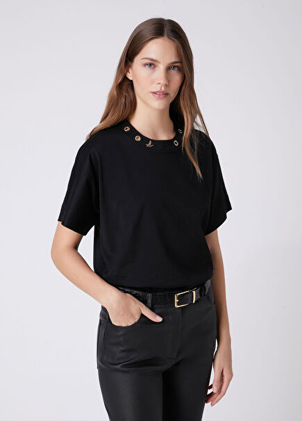 Black Eyelet Detailed T-Shirt