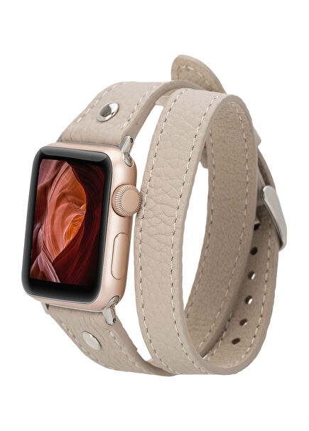 Silver Buckle Double Tour Sandy Brown Leather Apple Watch Smart Watch Band