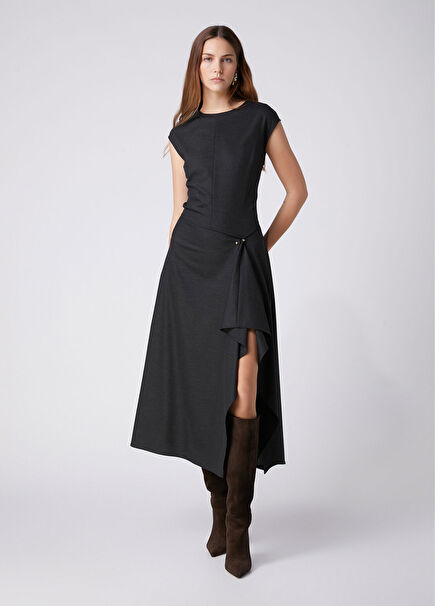 Dark Grey Goose Brooch Detailed Long Dress