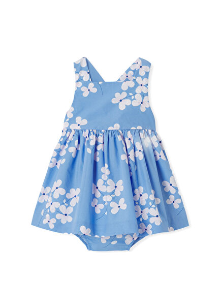 Blue Patterned Poplin Baby Girl Dress