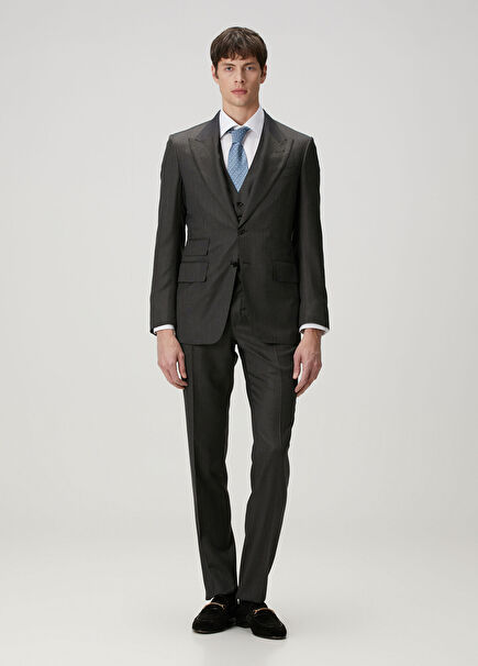 Koyu Gri Yelekli Yün Takım Elbise