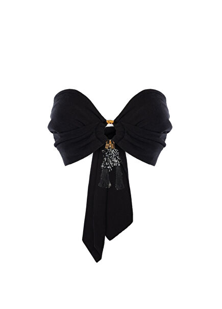 Mari Keten Karışımlı Siyah Kadın Kısa Büstiyer