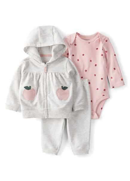 Gray Hooded Cardigan Pants and Snap Button Body Baby Girl Set of 3