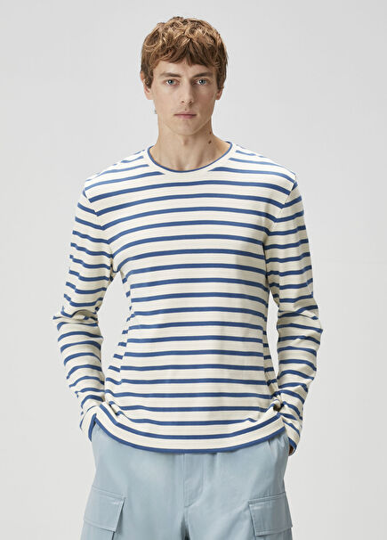 Mavi Beyaz Çizgili Uzun Kollu T-shirt