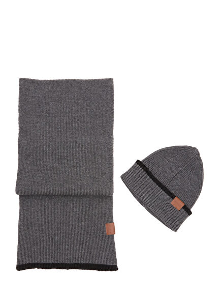 Füme Çizgi Detaylı Unisex Atkı Bere Seti