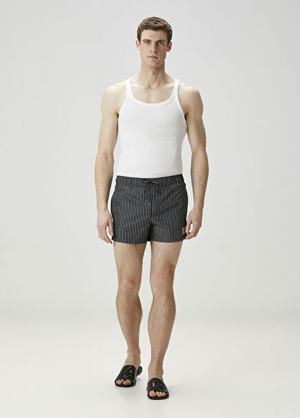 Siyah Beli Kordonlu Çizgi Desenli Mayo